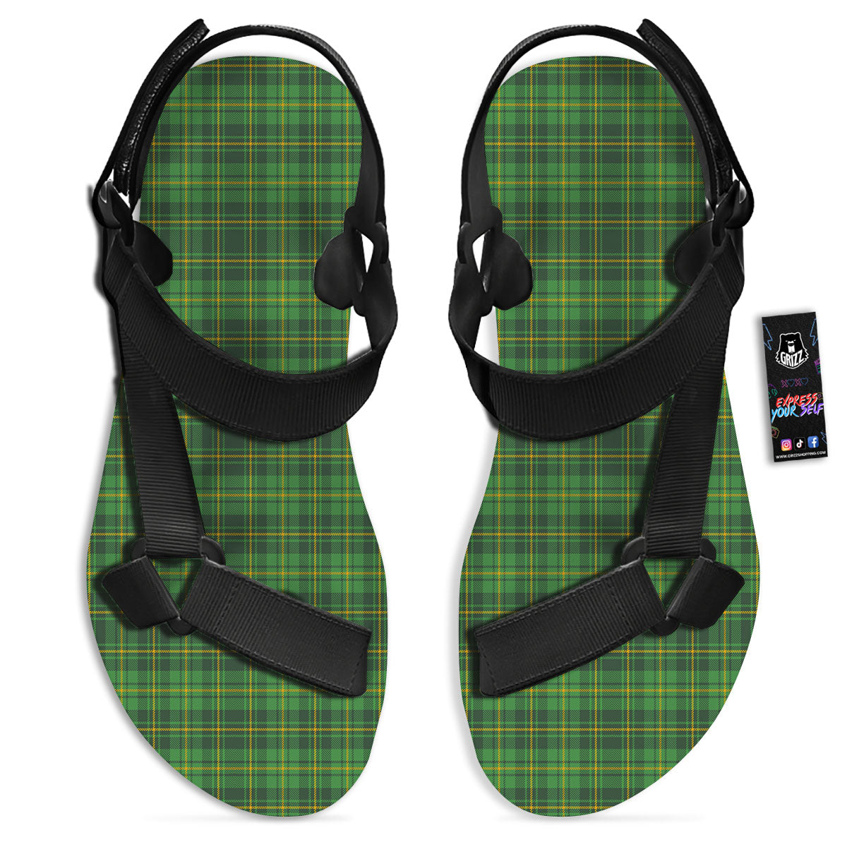 St. Patrick's Day Green Tartan Print Black Open Toe Sandals-grizzshop