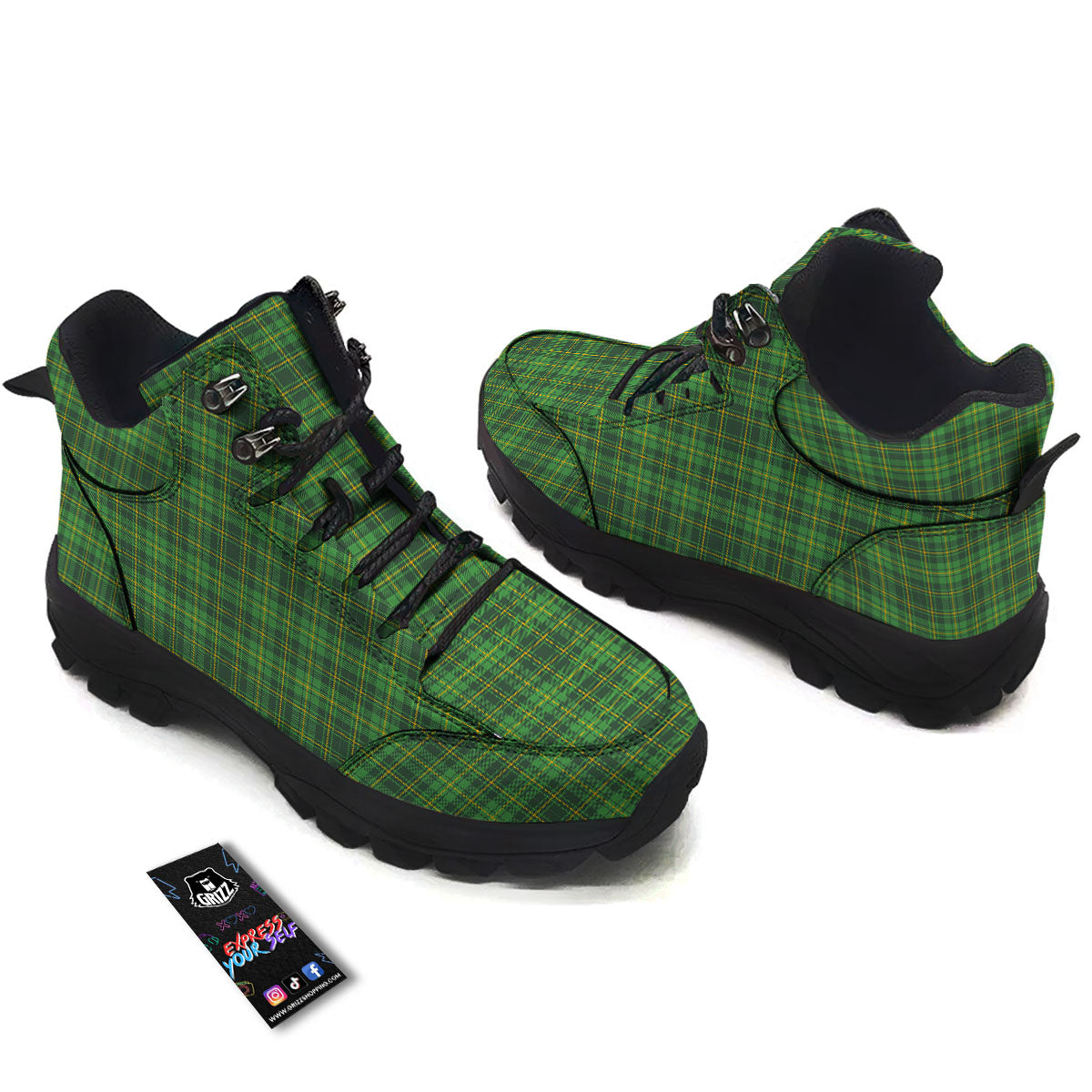 St. Patrick's Day Green Tartan Print Hiking Shoes-grizzshop