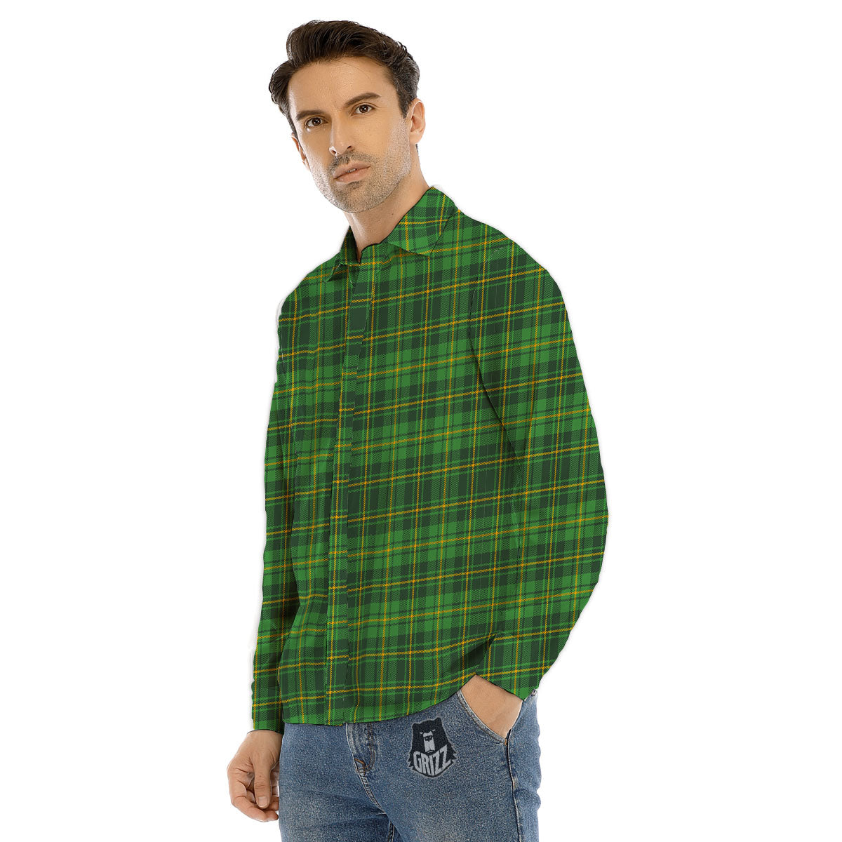 St. Patrick's Day Green Tartan Print Men's Dress Shirts-grizzshop