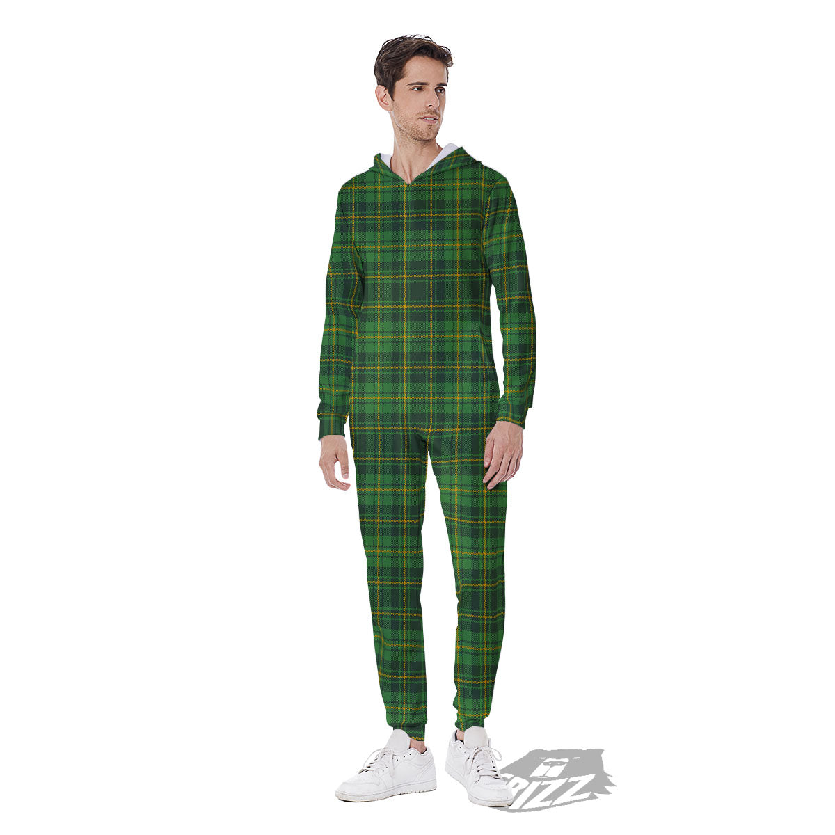 St. Patrick's Day Green Tartan Print Men's Jumpsuit-grizzshop