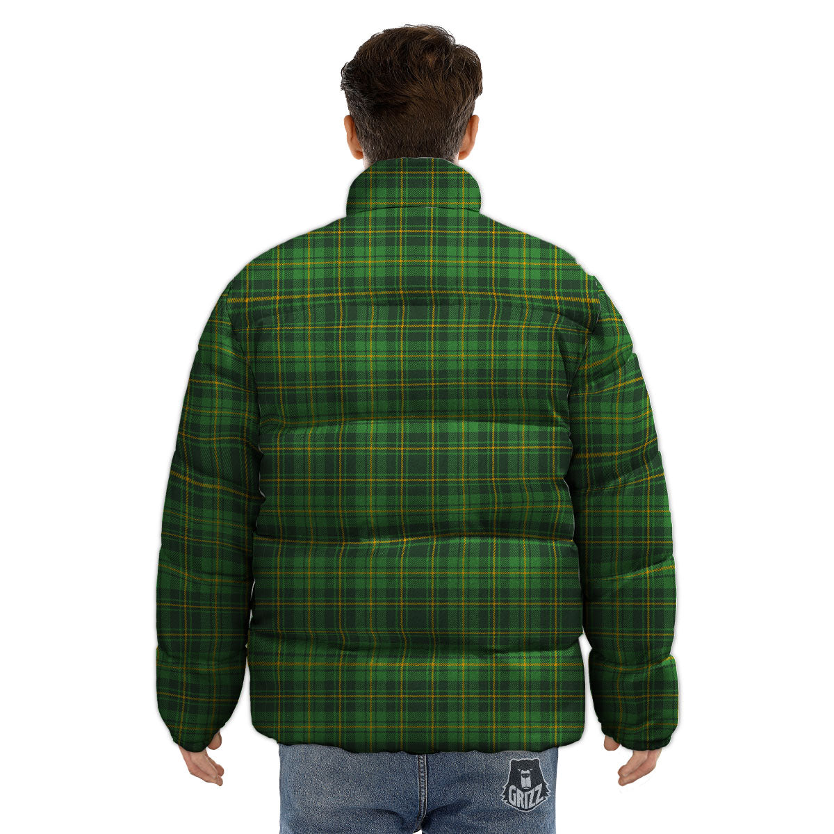 St. Patrick's Day Green Tartan Print Puffer Jacket-grizzshop