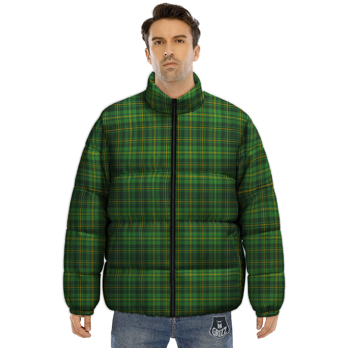 St. Patrick's Day Green Tartan Print Puffer Jacket-grizzshop