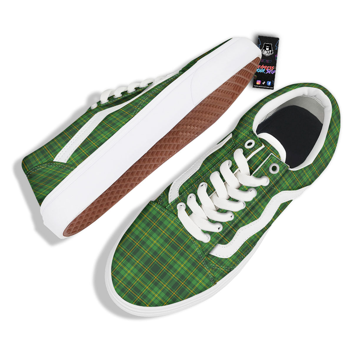 St. Patrick's Day Green Tartan Print Skate Shoes-grizzshop