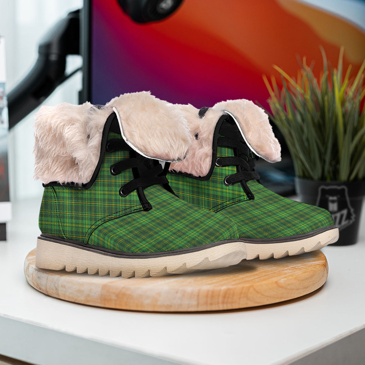 St. Patrick's Day Green Tartan Print Snow Boots-grizzshop