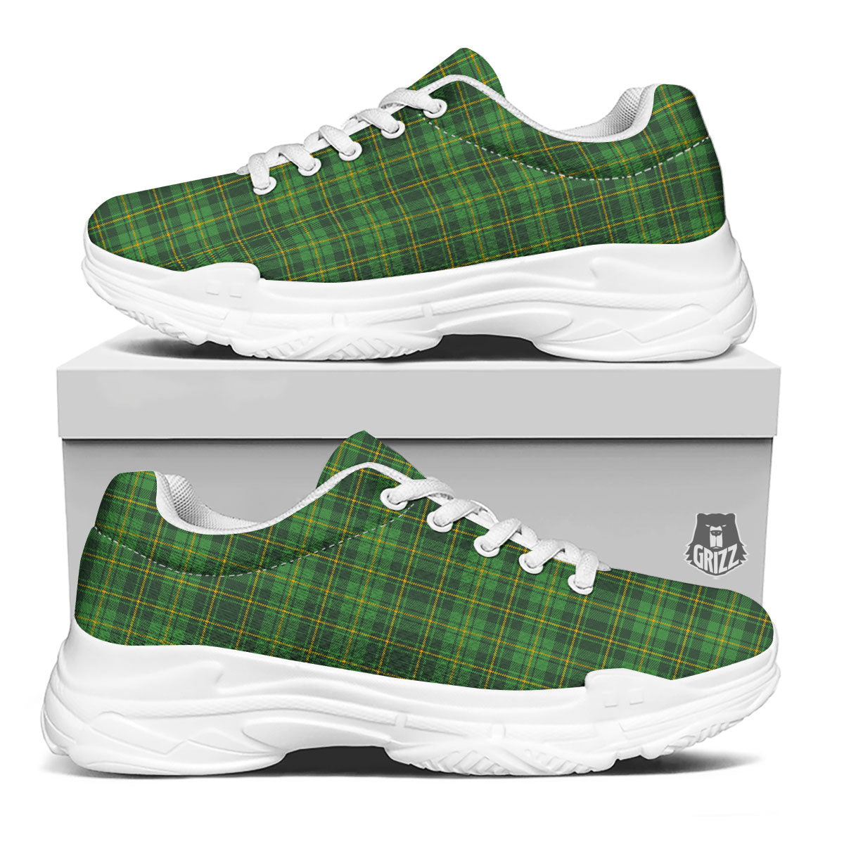 St. Patrick's Day Green Tartan Print White Chunky Shoes-grizzshop