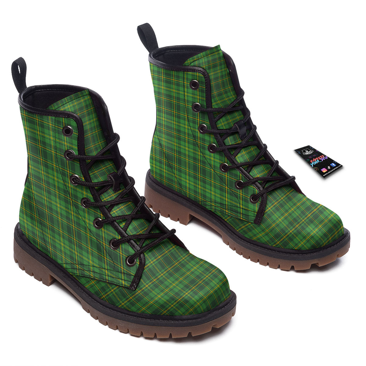 St. Patrick's Day Green Tartan Print Work Boots-grizzshop