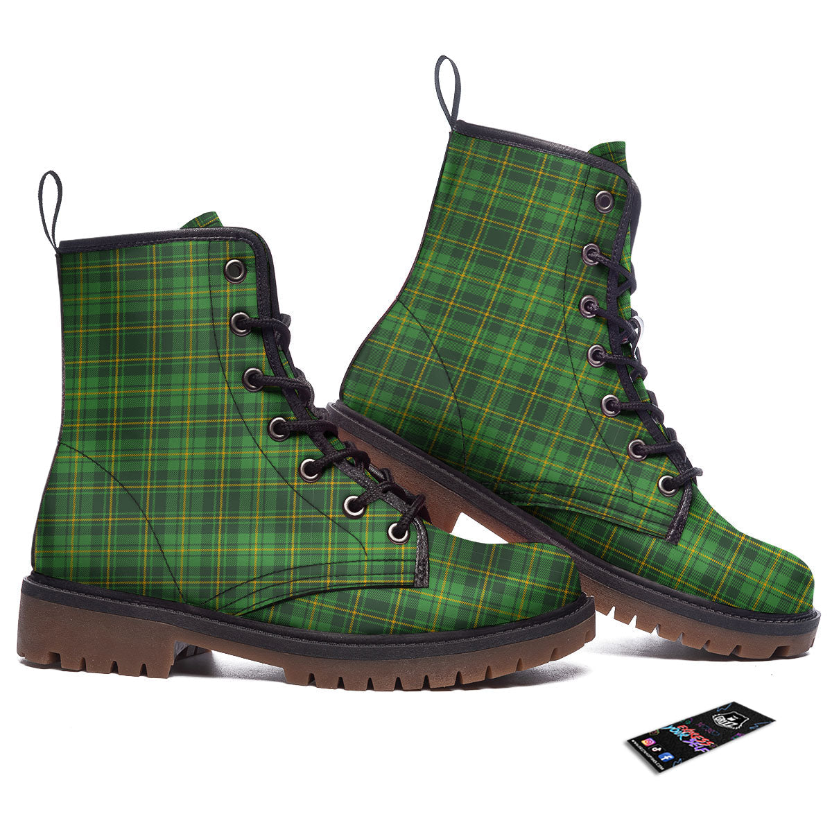 St. Patrick's Day Green Tartan Print Work Boots-grizzshop