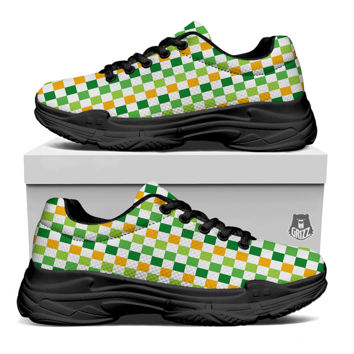 St. Patrick's Day Irish Checkered Print Black Chunky Shoes-grizzshop