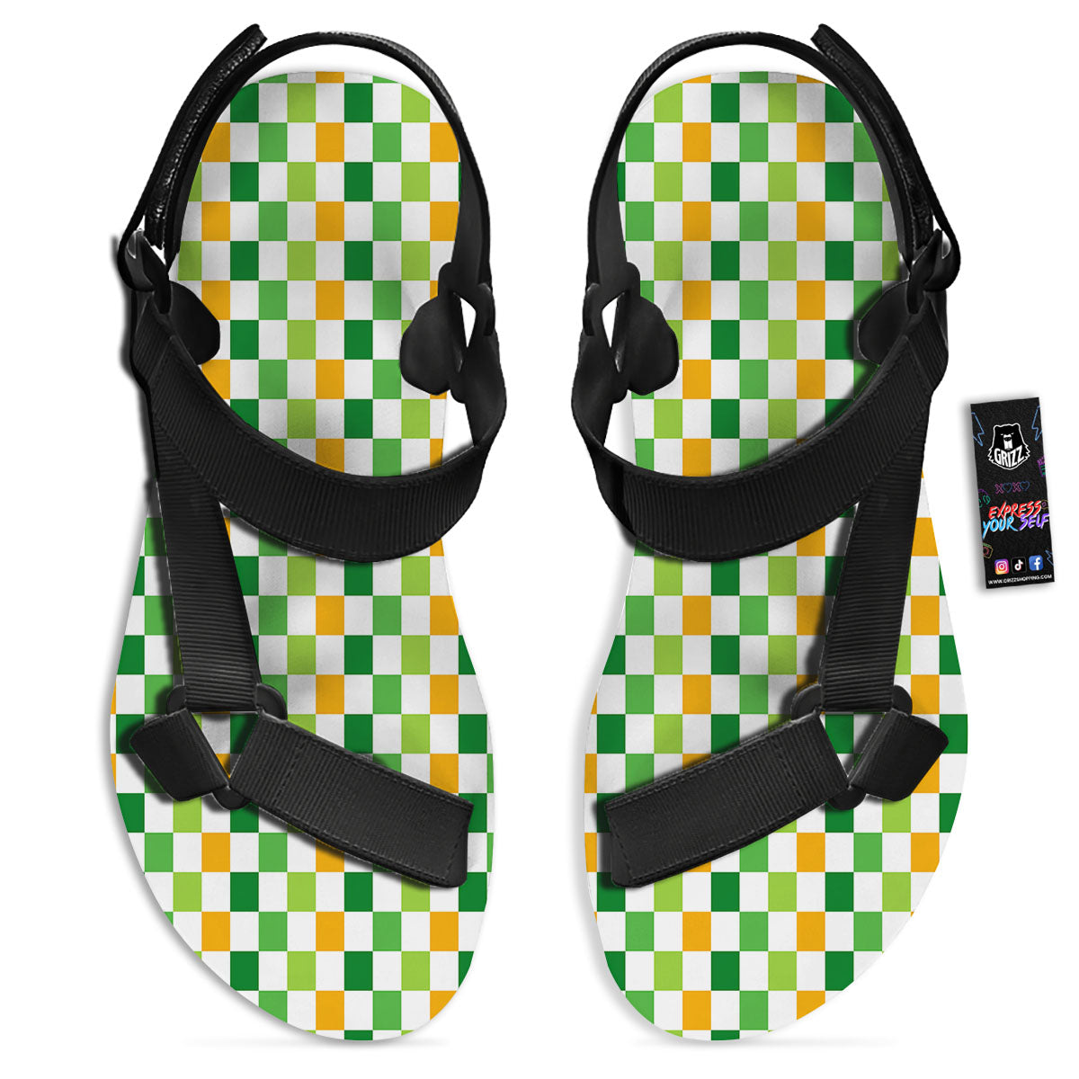 St. Patrick's Day Irish Checkered Print Black Open Toe Sandals-grizzshop