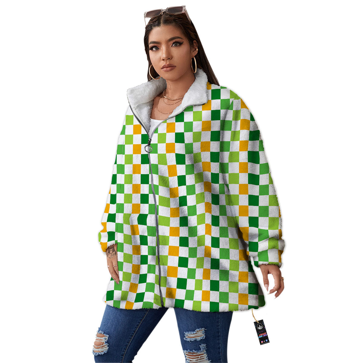 St. Patrick's Day Irish Checkered Print Women's Sherpa Jacket-grizzshop