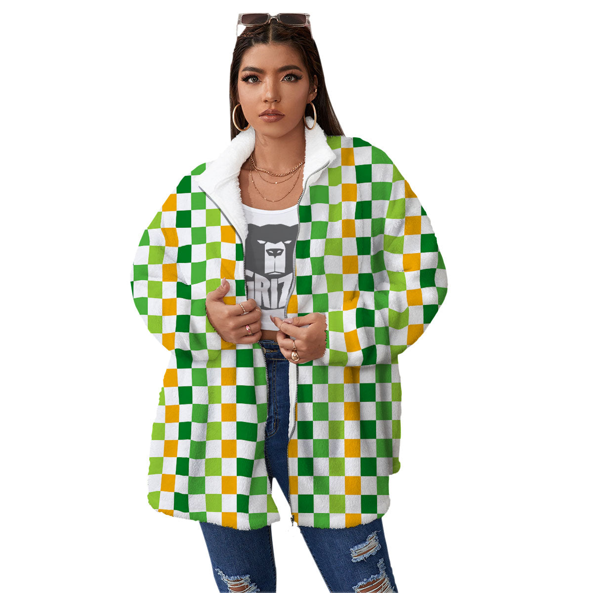 St. Patrick's Day Irish Checkered Print Women's Sherpa Jacket-grizzshop