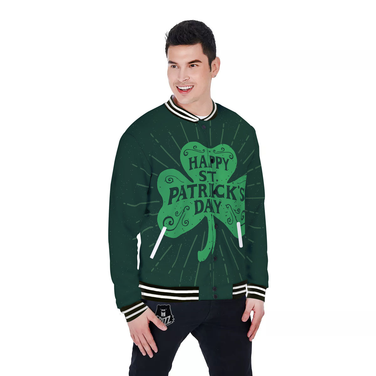 St. Patrick's Day Irish Clover Print Baseball Jacket-grizzshop