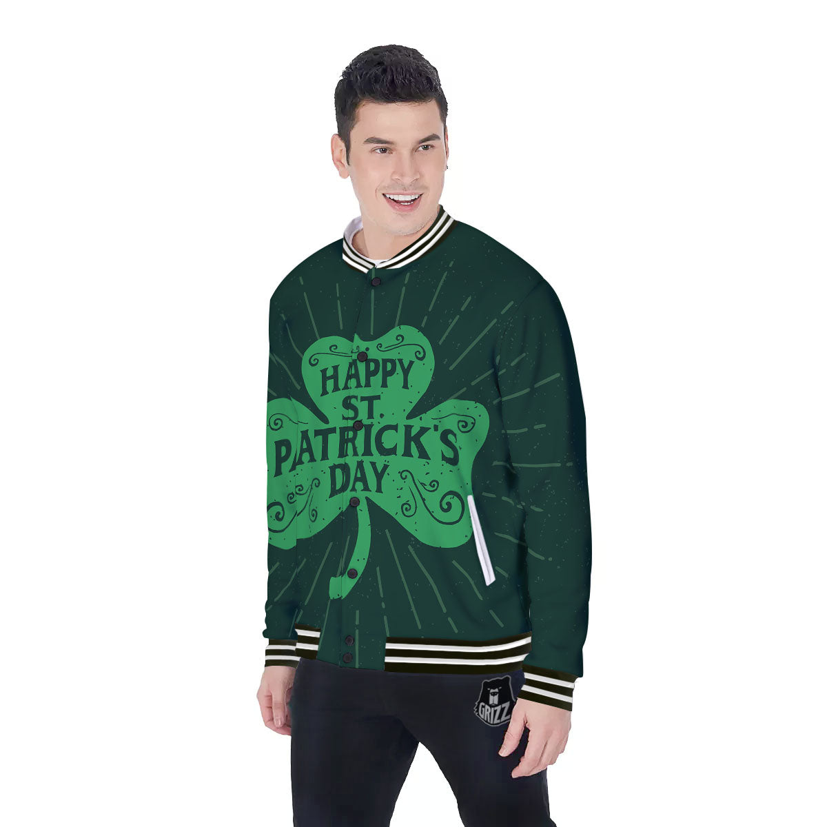 St. Patrick's Day Irish Clover Print Baseball Jacket-grizzshop