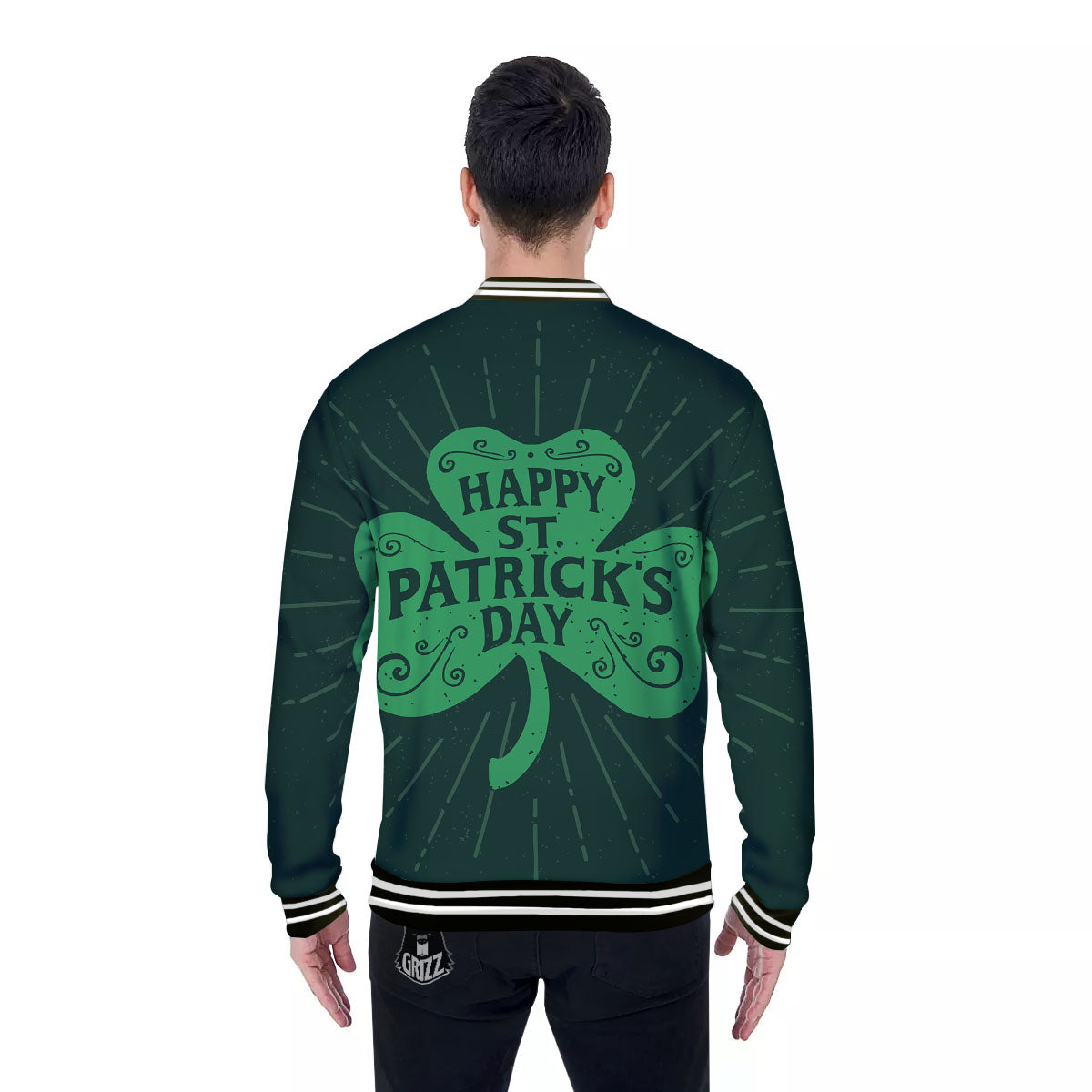 St. Patrick's Day Irish Clover Print Baseball Jacket-grizzshop