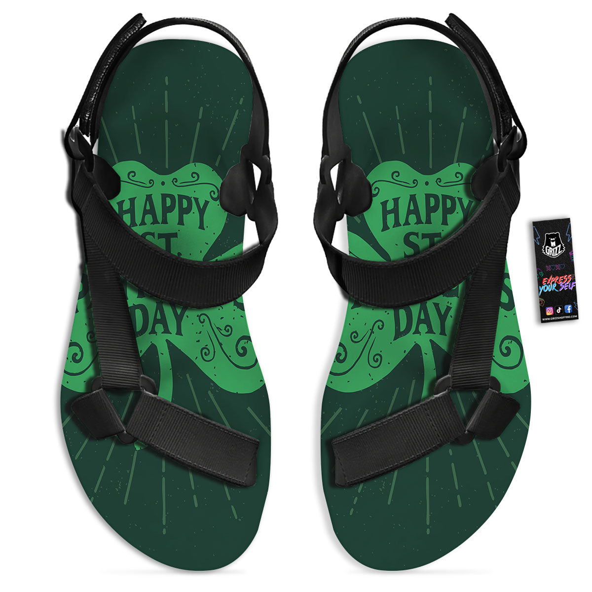 St. Patrick's Day Irish Clover Print Black Open Toe Sandals-grizzshop