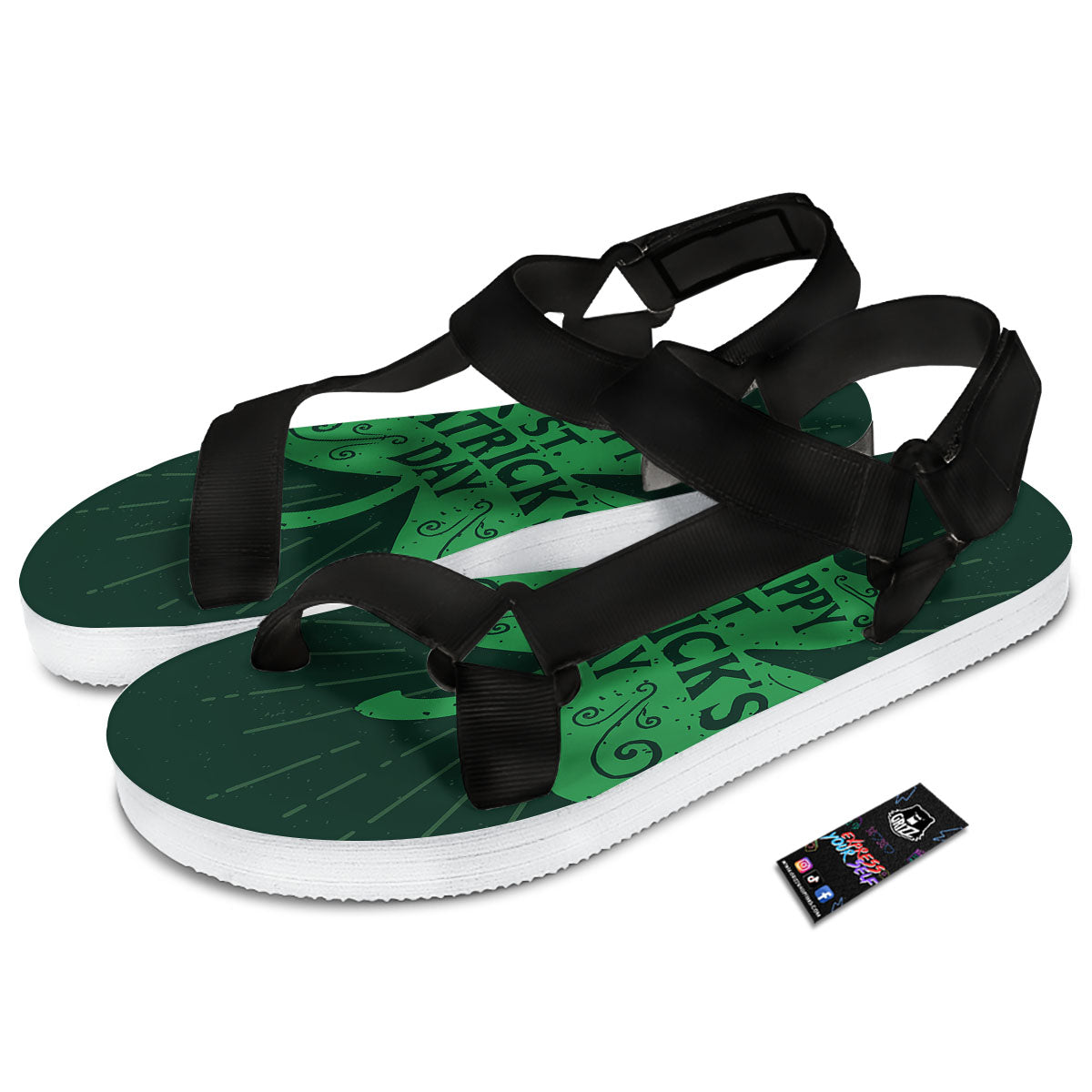 St. Patrick's Day Irish Clover Print Black Open Toe Sandals-grizzshop