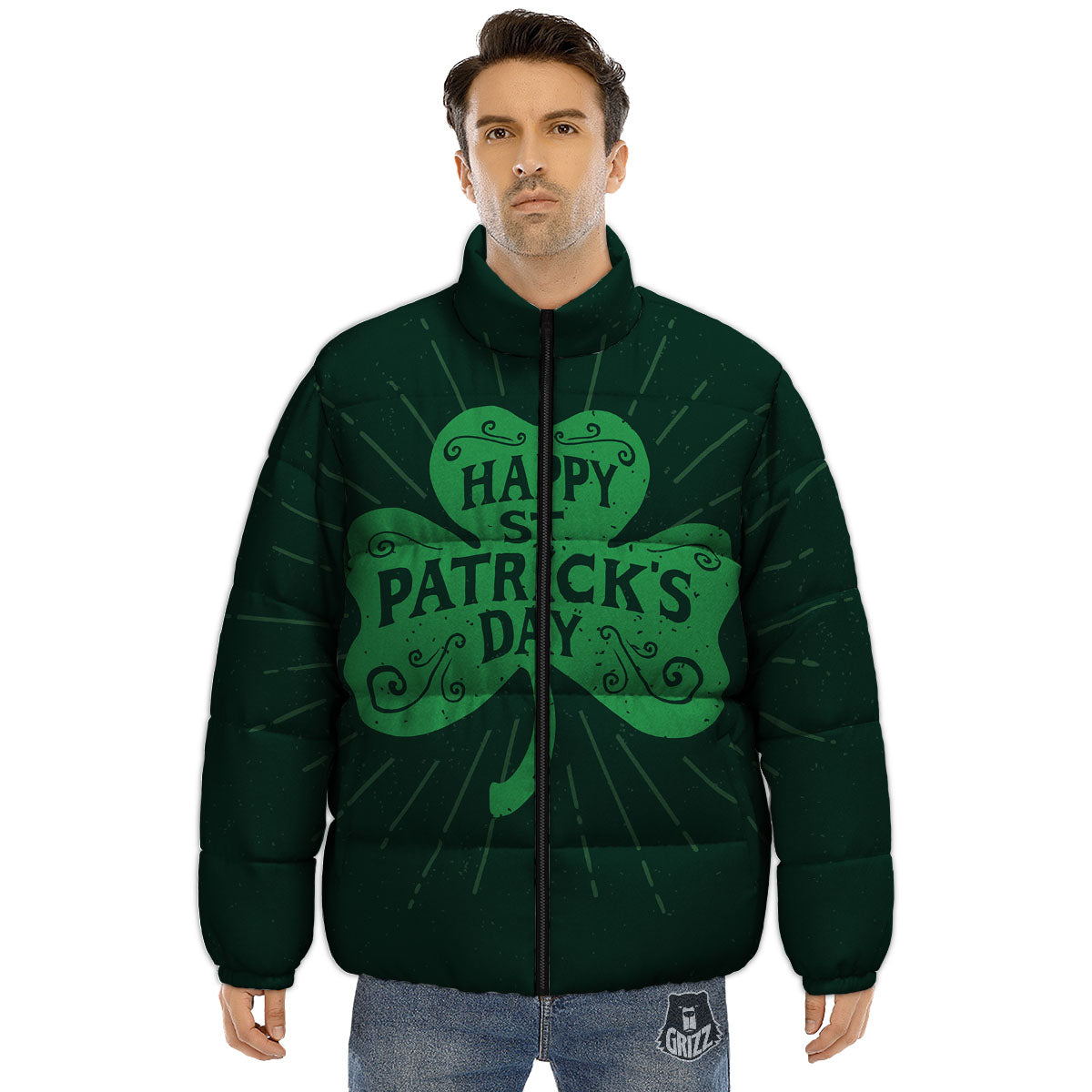 St. Patrick's Day Irish Clover Print Puffer Jacket-grizzshop