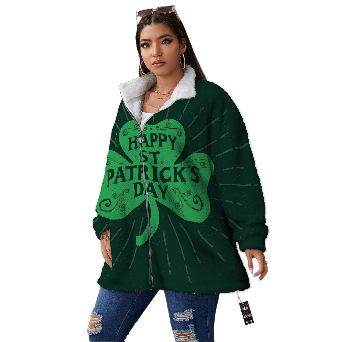 St. Patrick's Day Irish Clover Print Women's Sherpa Jacket-grizzshop