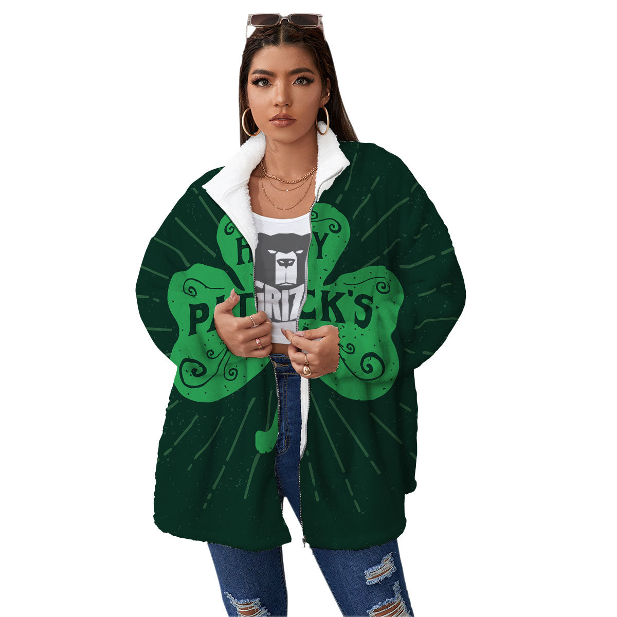 St. Patrick's Day Irish Clover Print Women's Sherpa Jacket-grizzshop