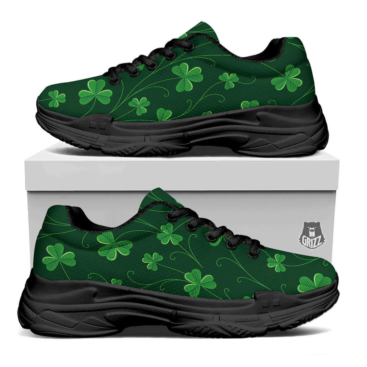 St. Patrick's Day Irish Leaf Print Black Chunky Shoes-grizzshop