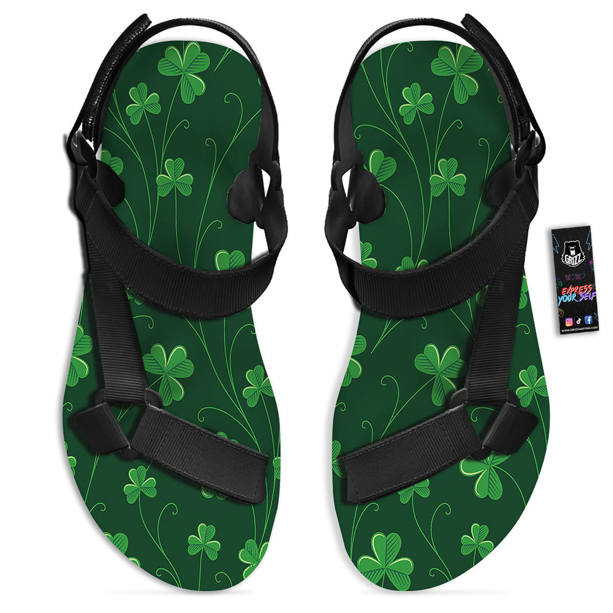 St. Patrick's Day Irish Leaf Print Black Open Toe Sandals-grizzshop