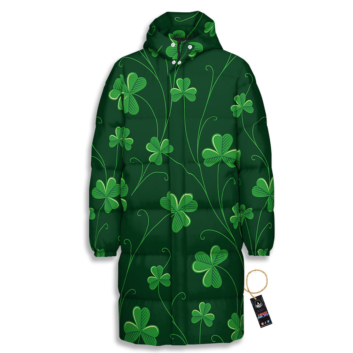 St. Patrick's Day Irish Leaf Print Long Down Jacket-grizzshop