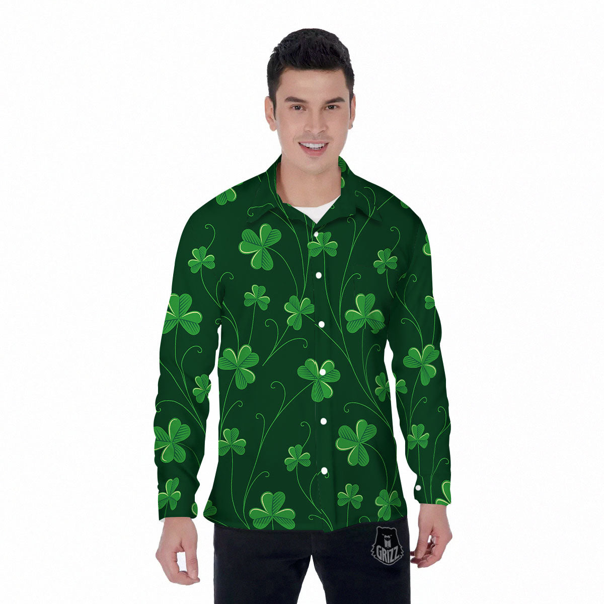 St. Patrick's Day Irish Leaf Print Men's Long Sleeve Shirts-grizzshop