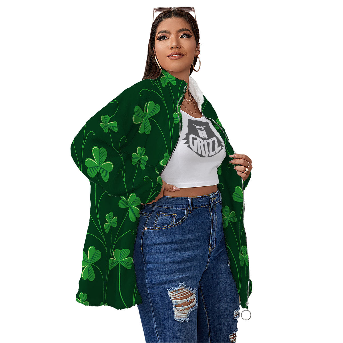 St. Patrick's Day Irish Leaf Print Women's Sherpa Jacket-grizzshop