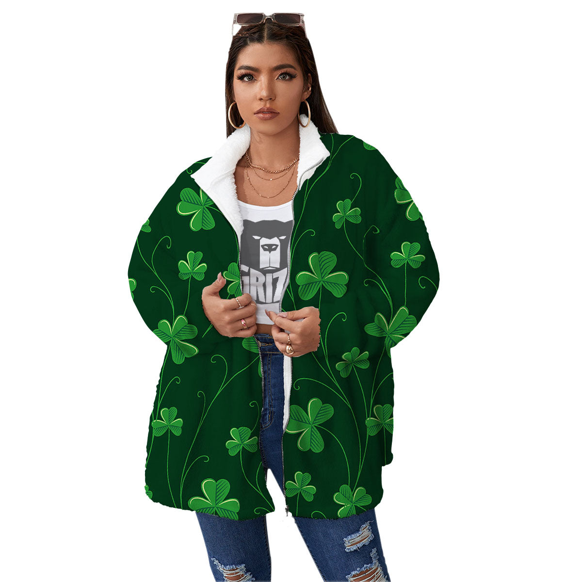 St. Patrick's Day Irish Leaf Print Women's Sherpa Jacket-grizzshop