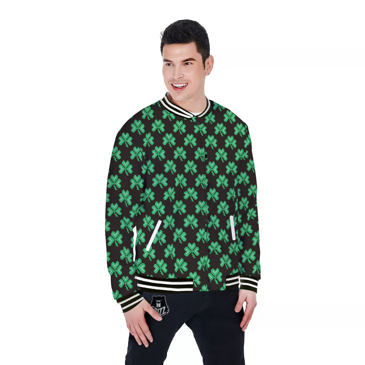 St. Patrick's Day Pixel Clover Print Pattern Baseball Jacket-grizzshop