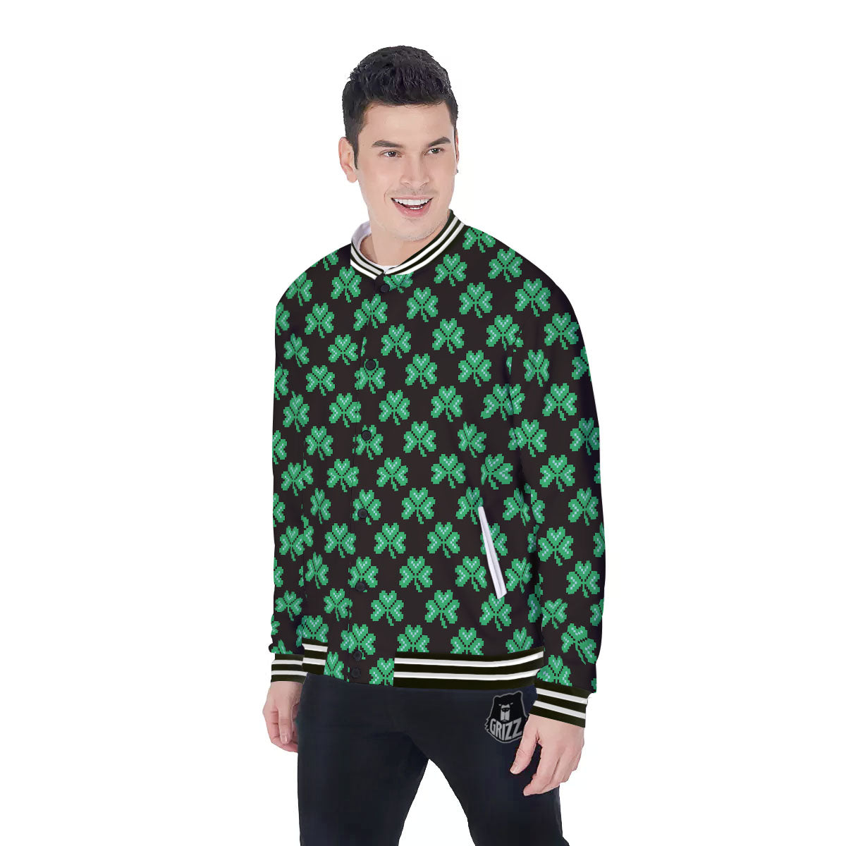 St. Patrick's Day Pixel Clover Print Pattern Baseball Jacket-grizzshop
