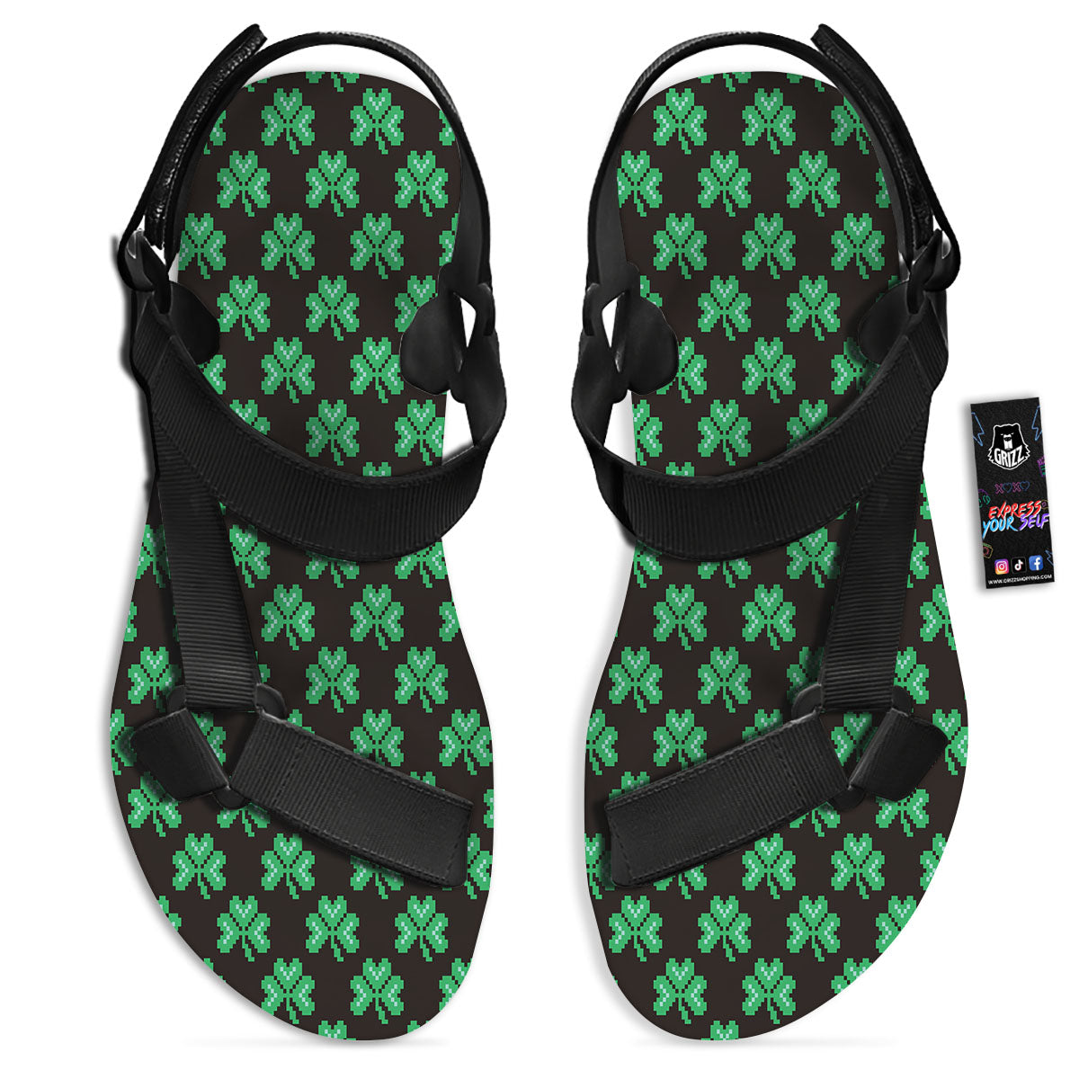 St. Patrick's Day Pixel Clover Print Pattern Black Open Toe Sandals-grizzshop