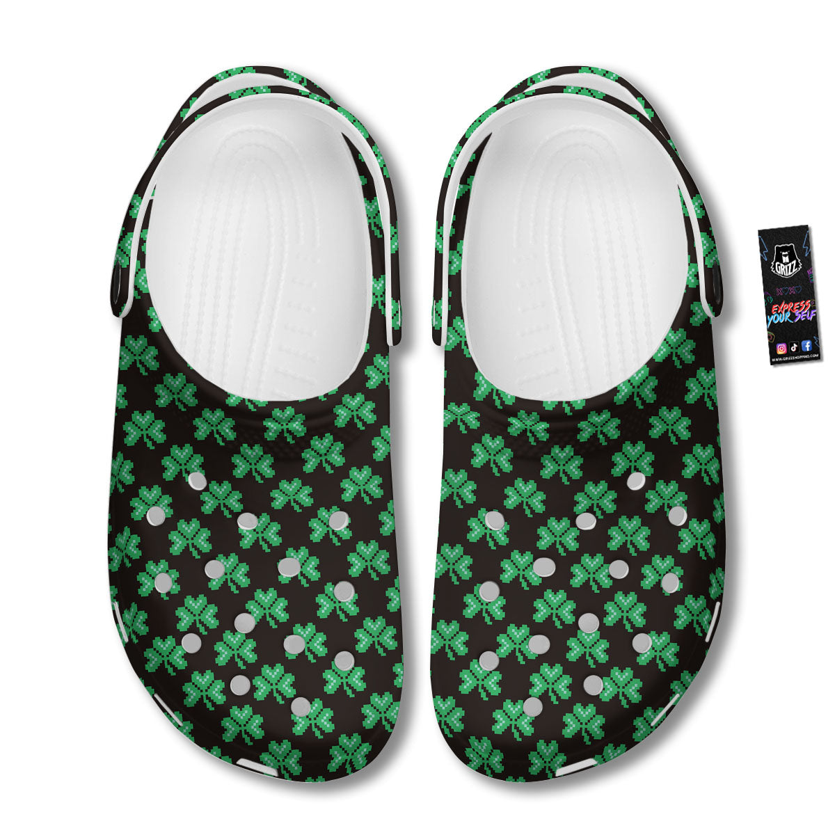 St. Patrick's Day Pixel Clover Print Pattern Clog-grizzshop