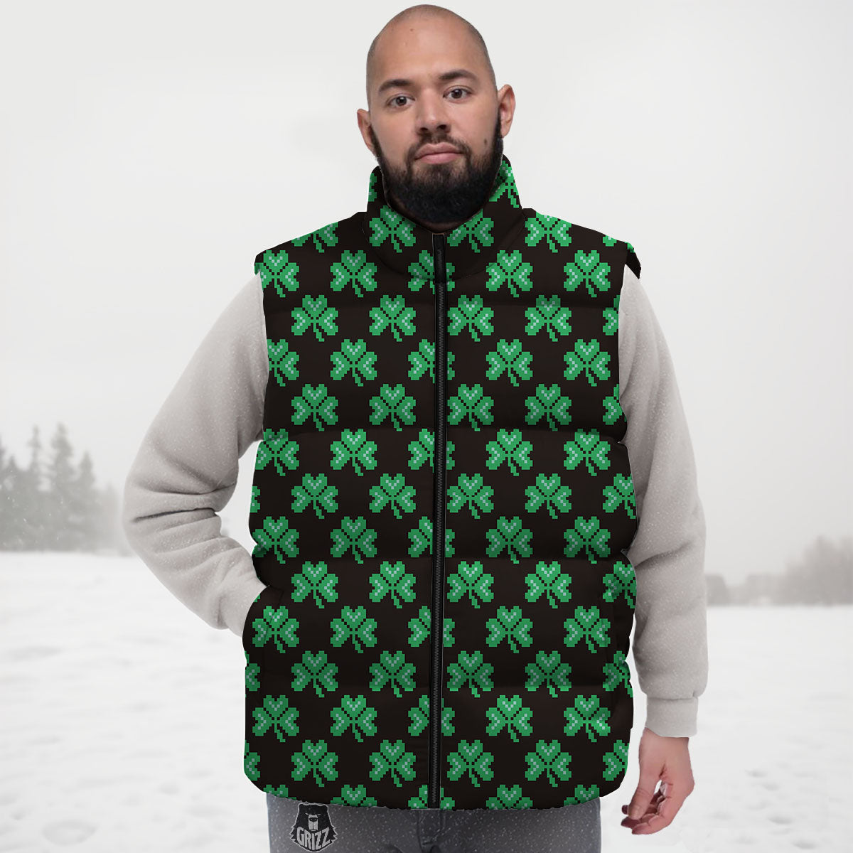 St. Patrick's Day Pixel Clover Print Pattern Down Vest