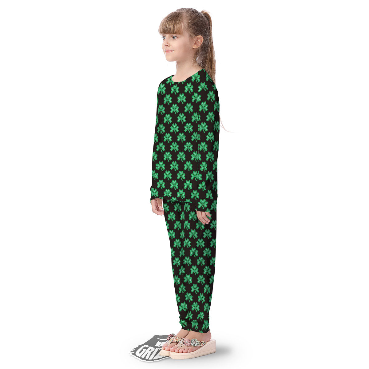 St. Patrick's Day Pixel Clover Print Pattern Kid's Pajamas-grizzshop