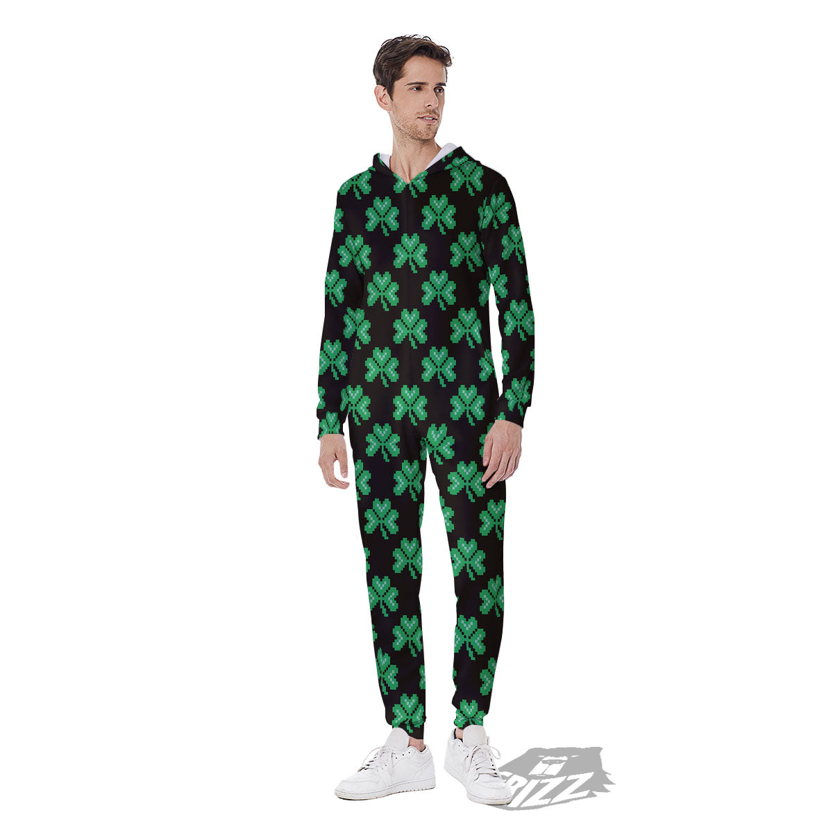 St. Patrick's Day Pixel Clover Print Pattern Men's Jumpsuit-grizzshop