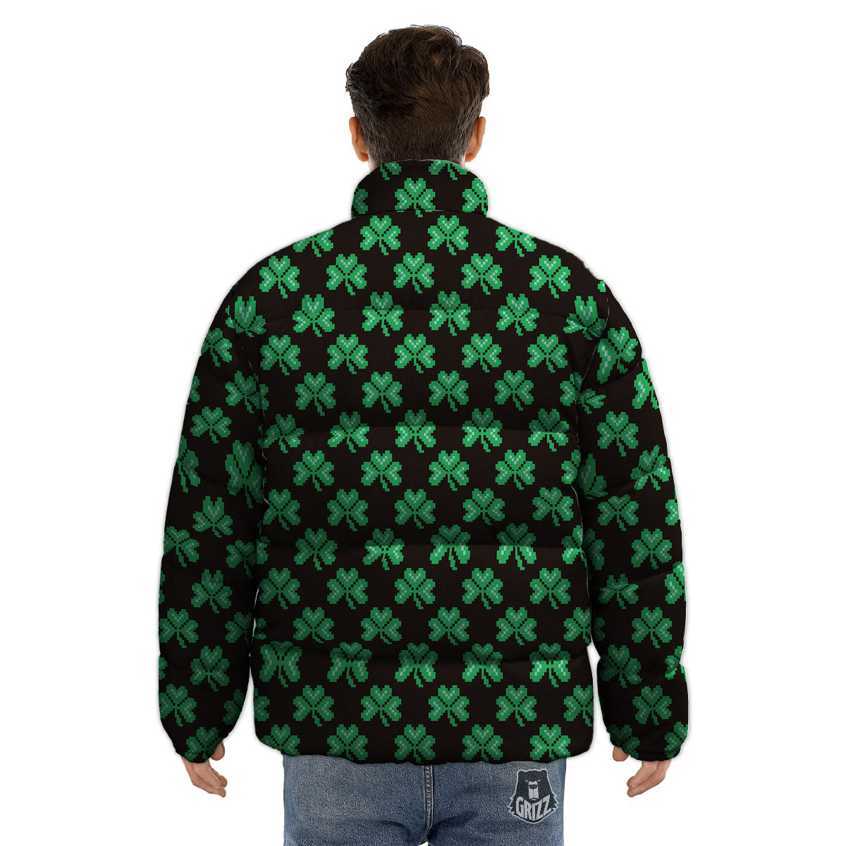 St. Patrick's Day Pixel Clover Print Pattern Puffer Jacket-grizzshop