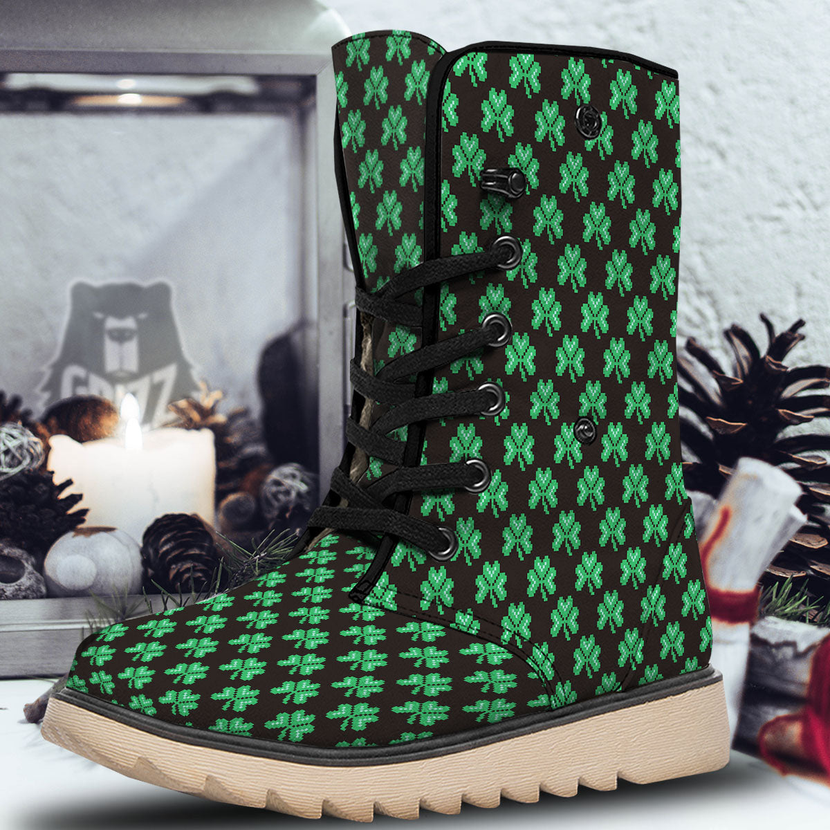 St. Patrick's Day Pixel Clover Print Pattern Snow Boots-grizzshop