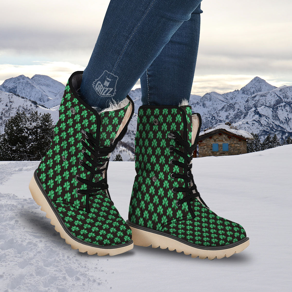 St. Patrick's Day Pixel Clover Print Pattern Snow Boots-grizzshop