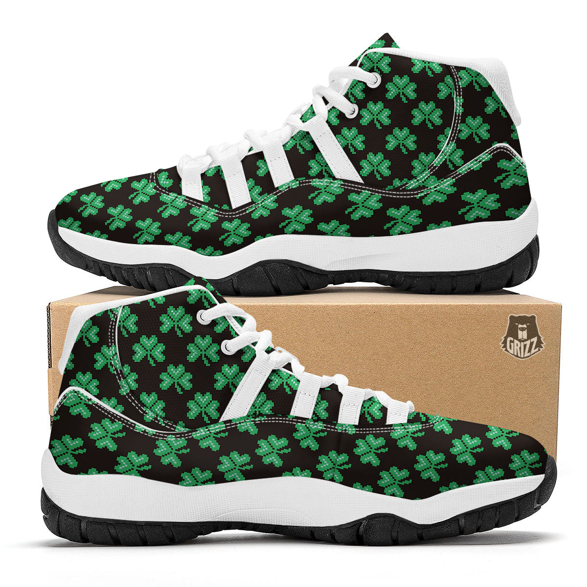 St. Patrick's Day Pixel Clover Print Pattern White Bball Shoes-grizzshop