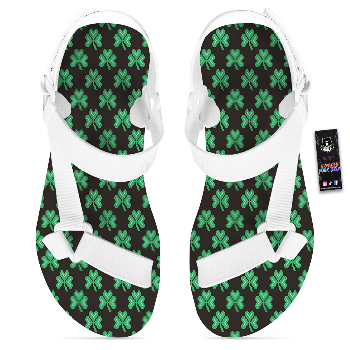 St. Patrick's Day Pixel Clover Print Pattern White Open Toe Sandals-grizzshop