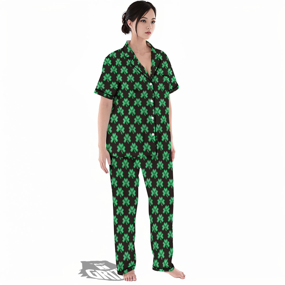 St. Patrick's Day Pixel Clover Print Pattern Women's Pajamas Set-grizzshop