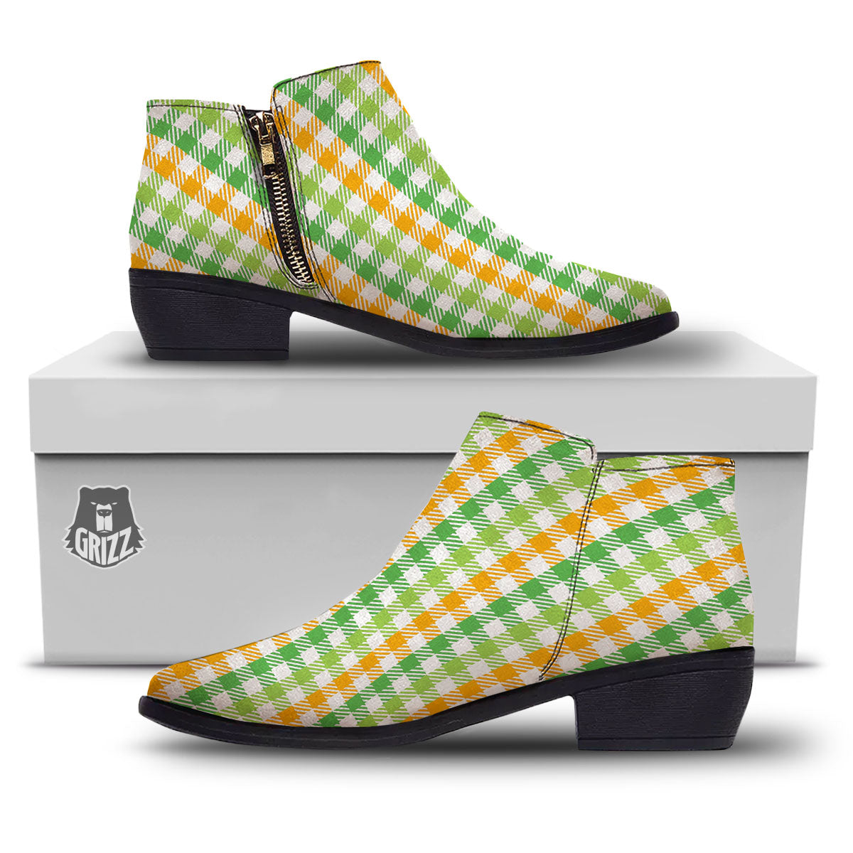 St. Patrick's Day Plaid Print Ankle Boots-grizzshop