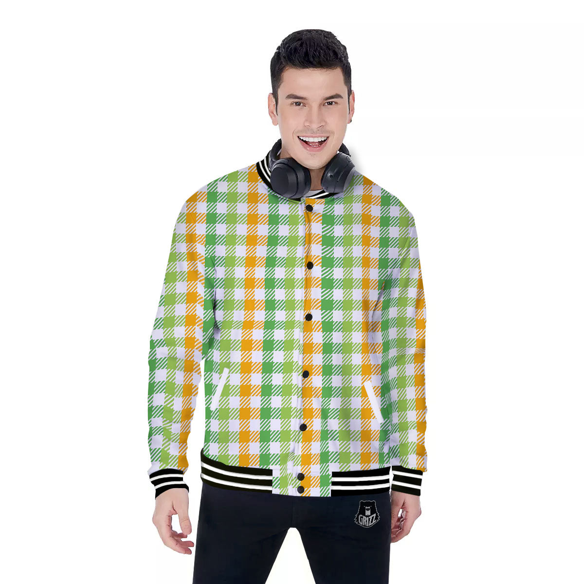 St. Patrick's Day Plaid Print Baseball Jacket-grizzshop