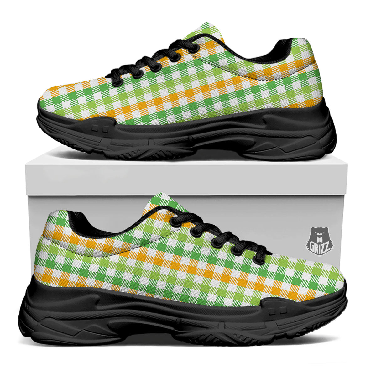 St. Patrick's Day Plaid Print Black Chunky Shoes-grizzshop