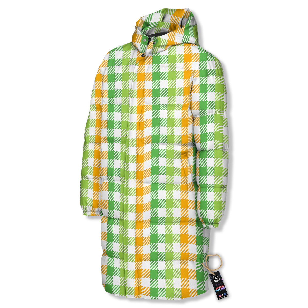 St. Patrick's Day Plaid Print Long Down Jacket-grizzshop