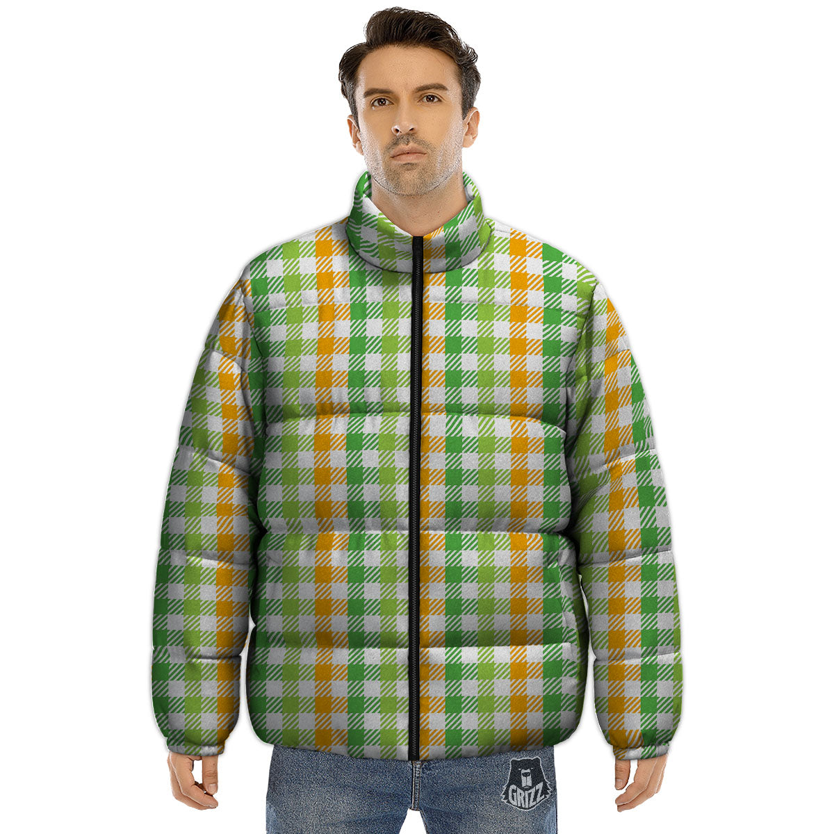 St. Patrick's Day Plaid Print Puffer Jacket-grizzshop