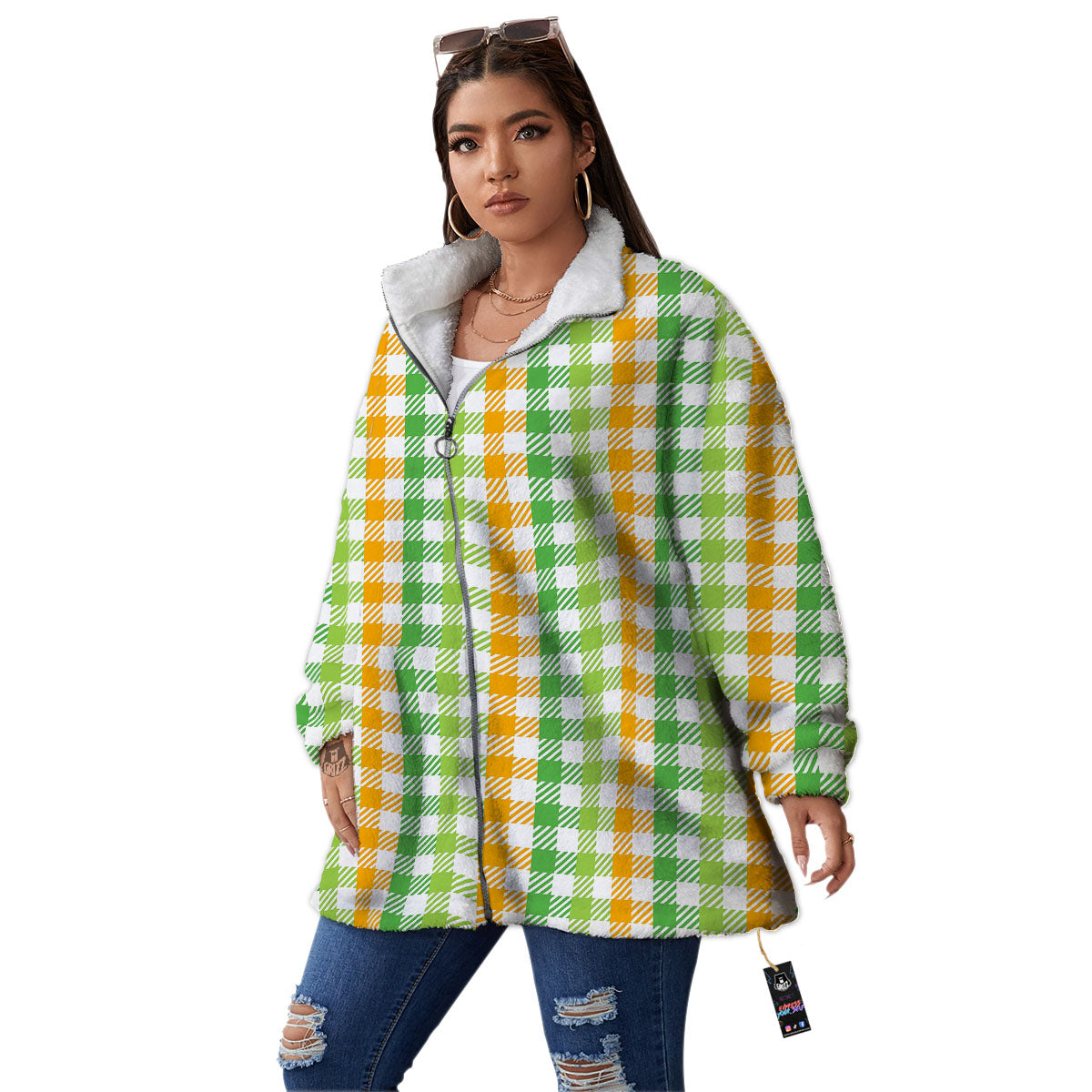 St. Patrick's Day Plaid Print Women's Sherpa Jacket-grizzshop