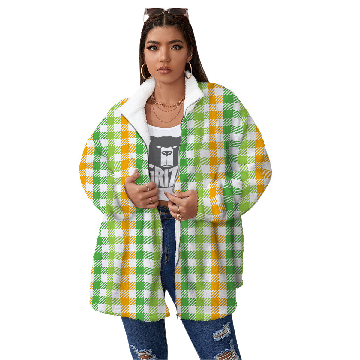 St. Patrick's Day Plaid Print Women's Sherpa Jacket-grizzshop