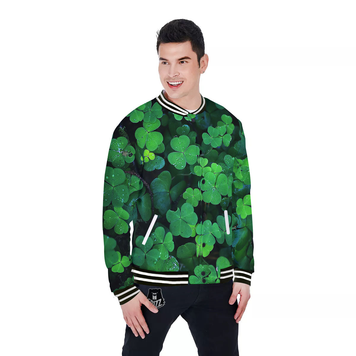 St. Patrick's Day Shamrock Clover Print Baseball Jacket-grizzshop
